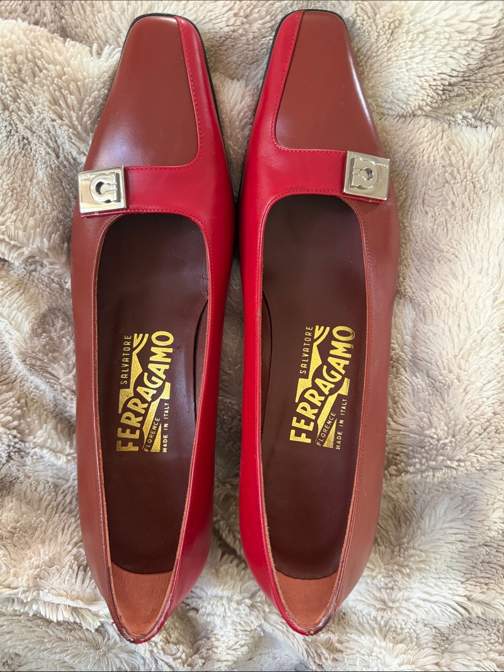 Salvatore Ferragamo Two-Tone Red and Brown Leather Heels